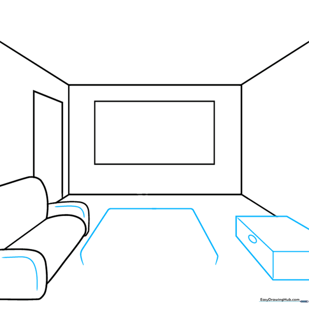 Adding details to the sofa and sketching a rectangular entertainment center on the opposite wall.