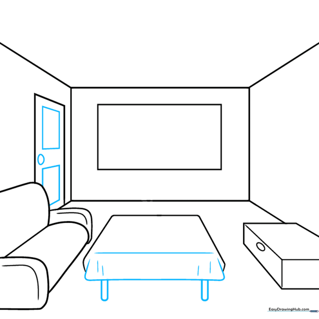 Drawing a table with a draped tablecloth and adding details to the room door.