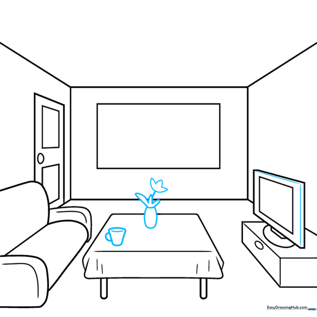 Drawing a vase with flowers and a mug on the center table.