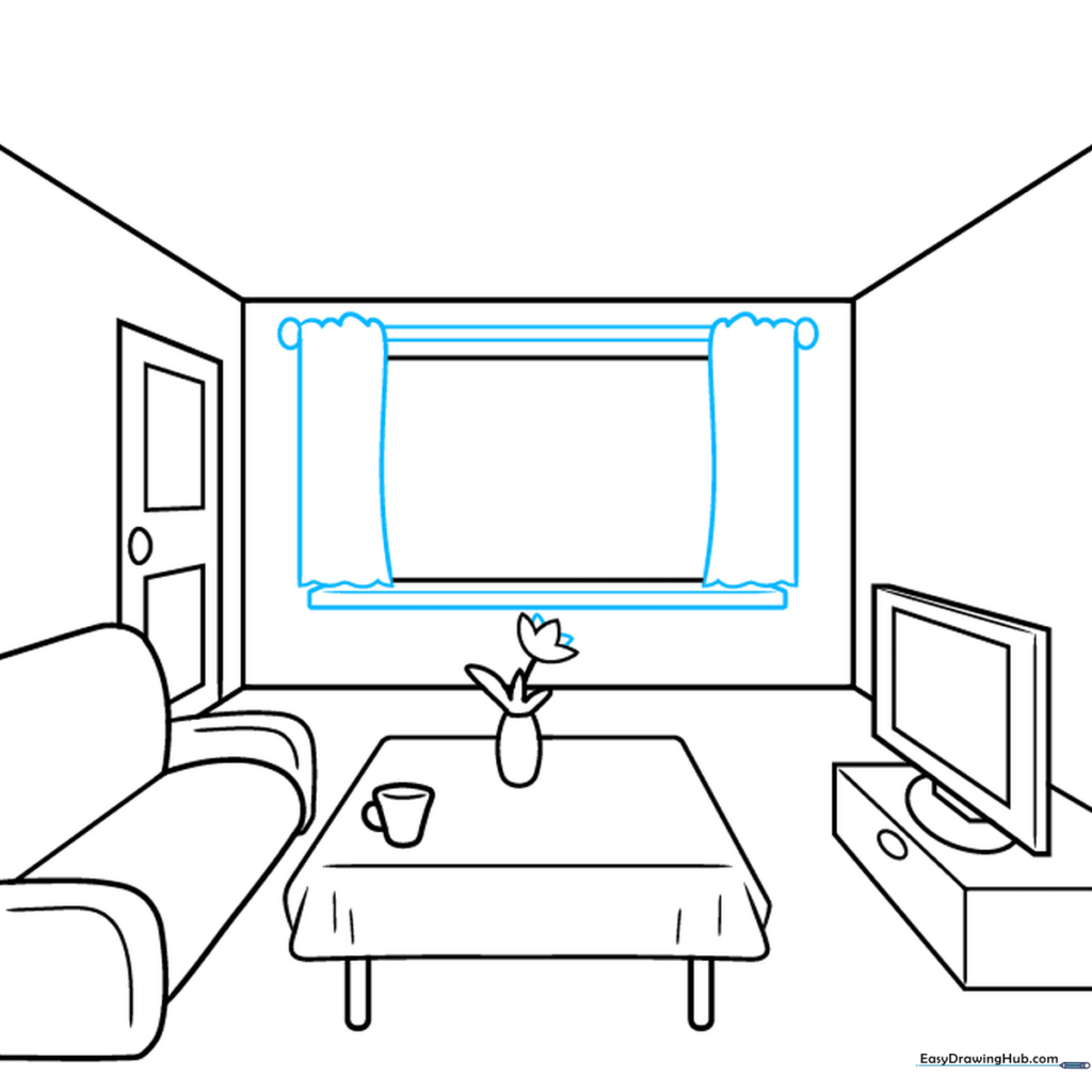 Adding curtains and a window sill to the back wall of the room.