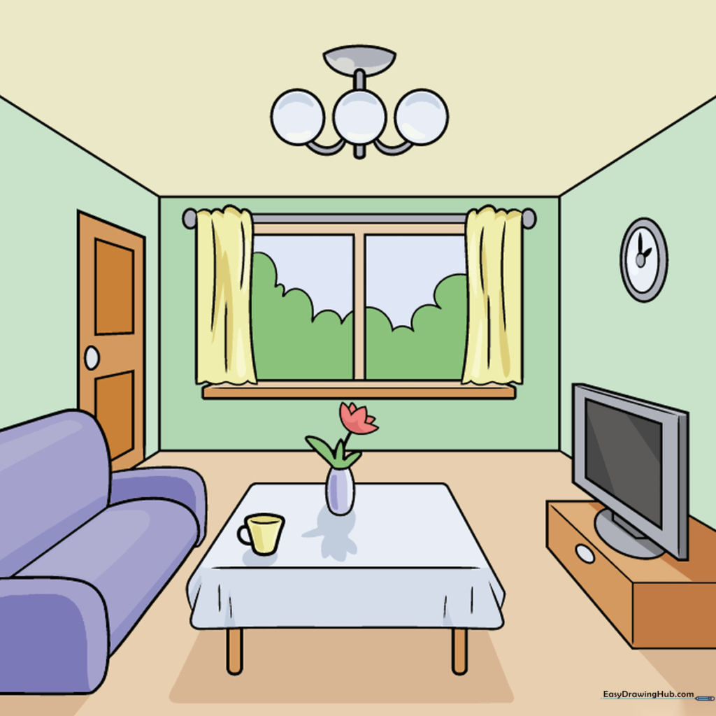 A fully colored and decorated room drawing in one-point perspective.