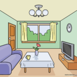 A colorful, finished room drawing demonstrating one-point perspective techniques.