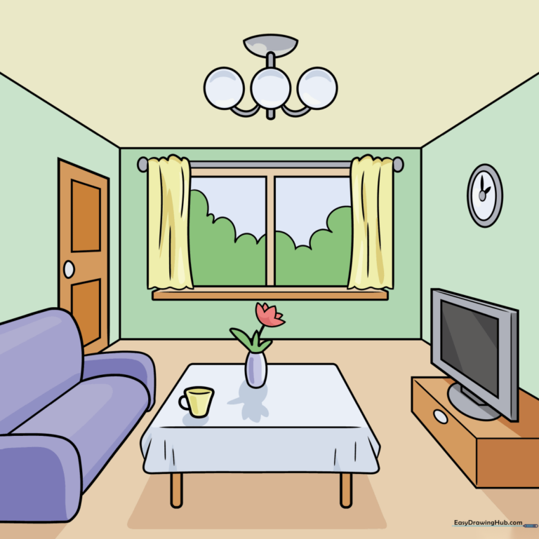 A colorful, finished room drawing demonstrating one-point perspective techniques.