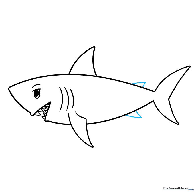Adding the final small fins to the shark's back and belly.