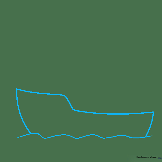 Pencil sketch showing a wavy water line and the curved base hull of a ship.