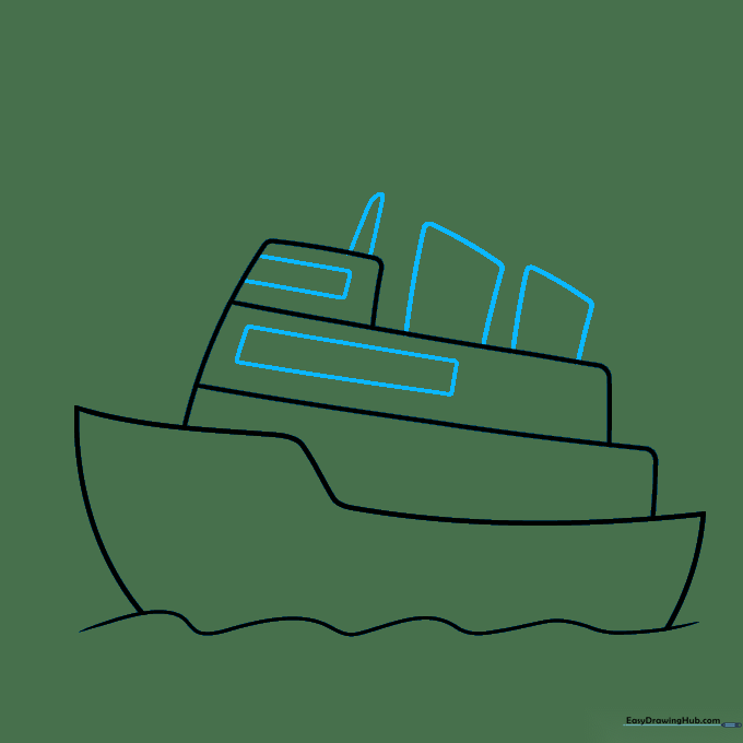 Adding vertical rectangles on the top deck to form the ship's funnels.
