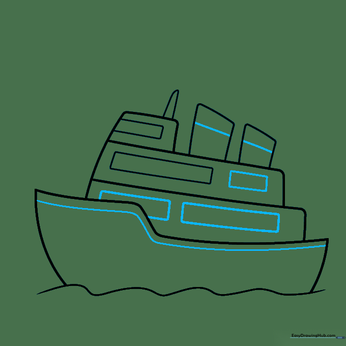Adding horizontal lines to the funnels and deck details for structural depth.