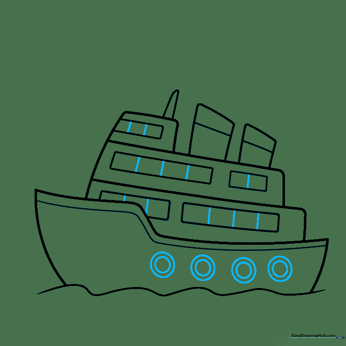 Drawing grid-like windows on the cabin and circular portholes on the hull.