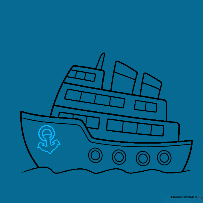 Detailing a classic anchor shape on the side of the ship's hull.