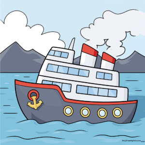 A colorful, finished drawing of a cruise ship, perfect for kids to emulate.