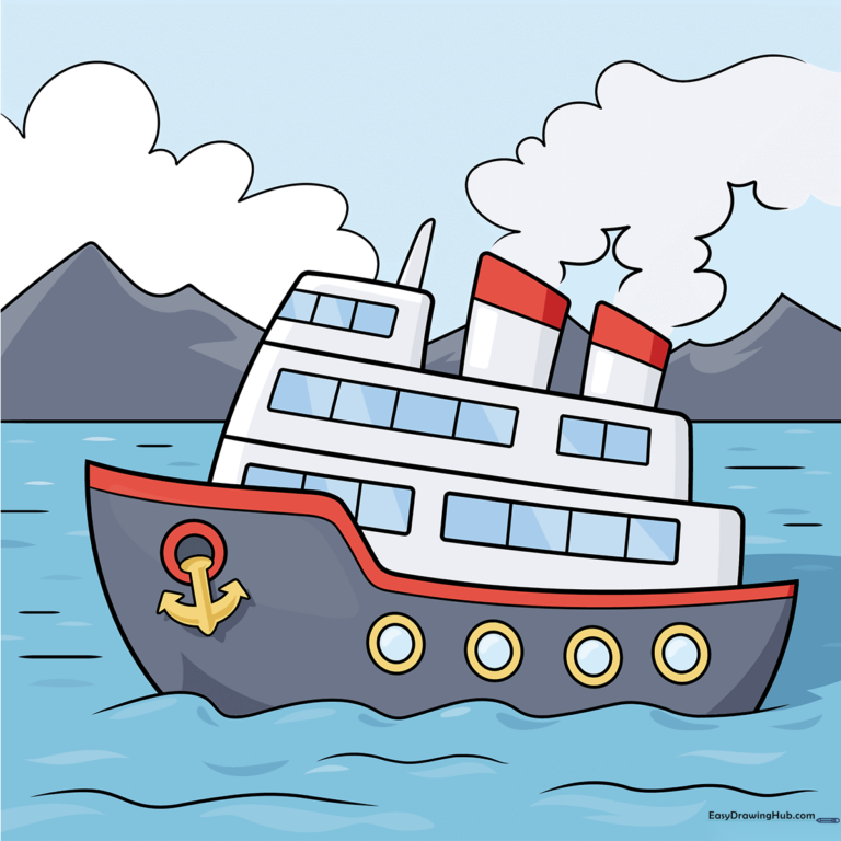 A colorful, finished drawing of a cruise ship, perfect for kids to emulate.
