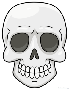 A completed, friendly-looking skeleton face drawing, perfect for Halloween art projects.