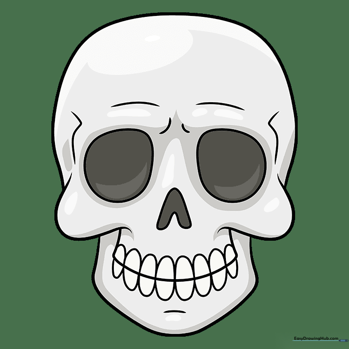 The finished skeleton face drawing with gray shading and white teeth.