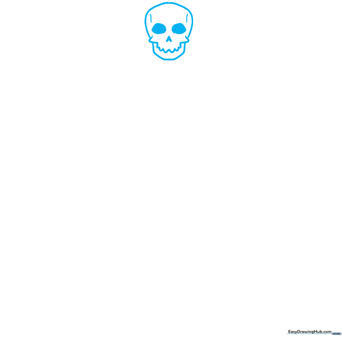 Pencil sketch of a cartoon skeleton skull showing eye sockets and heart-shaped nose.