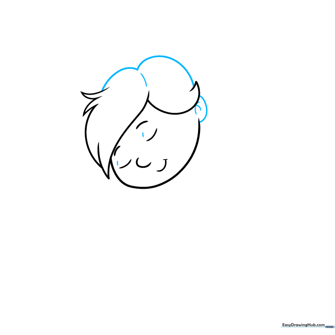 Drawing a simple ear shape on the side of the head.