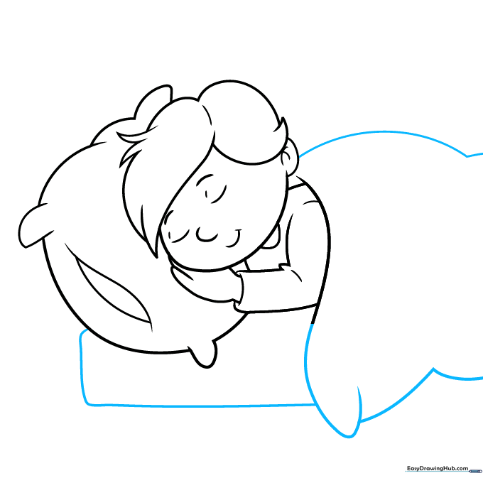 Drawing the rectangular frame of a bed under the sleeping character.