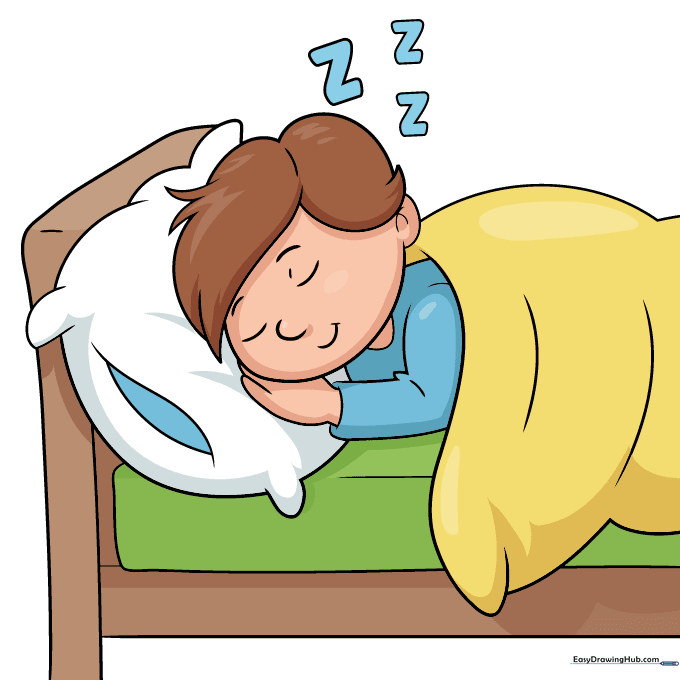 Final colored drawing of a person sleeping in a bed.
