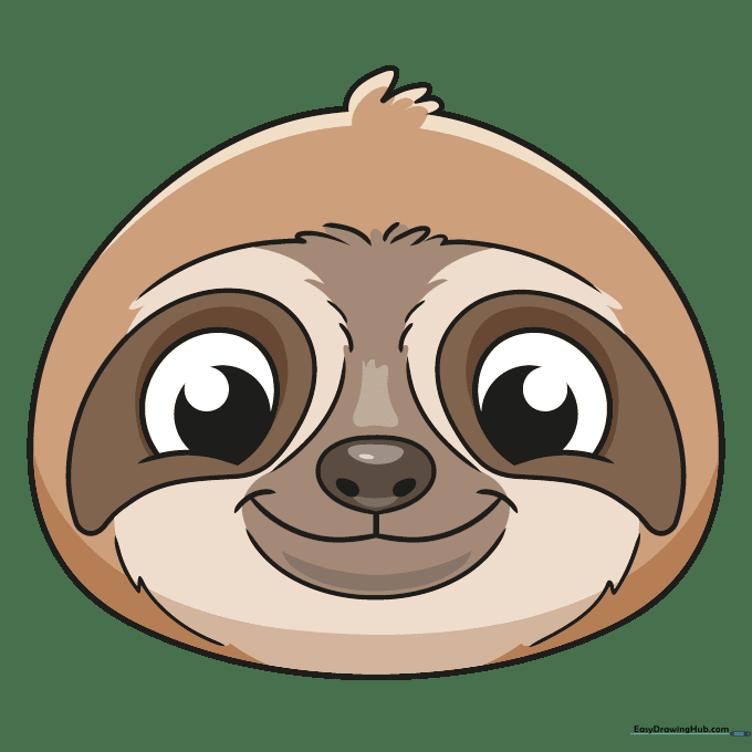 A finished, colored sloth face drawing with brown fur and dark eye patches.