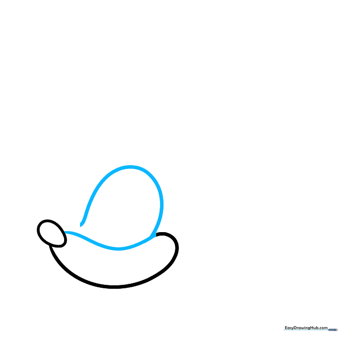 Drawing the large, rounded eye shape connected to the snout.