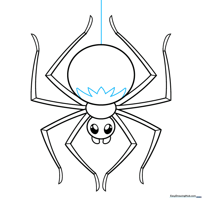 Adding abdomen patterns and a hanging silk thread to the spider drawing.