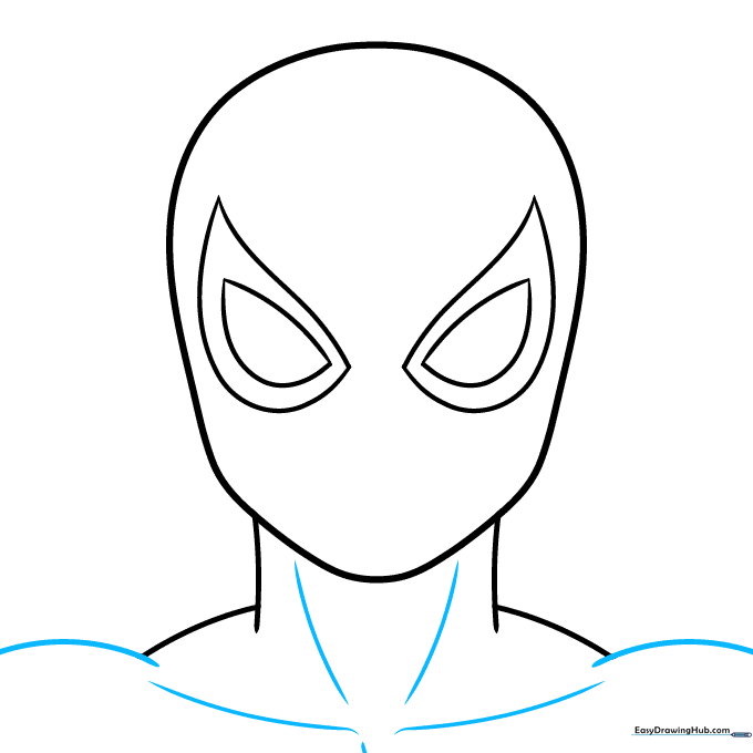 Drawing the shoulder curves and collarbone details on the Spider-Man sketch