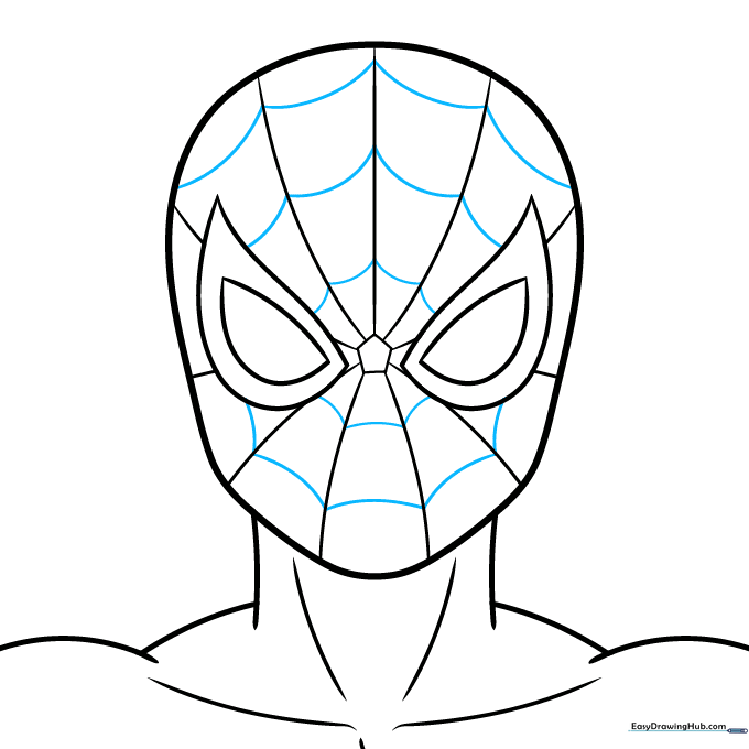 Connecting web lines with small arcs to complete the Spider-Man mask pattern