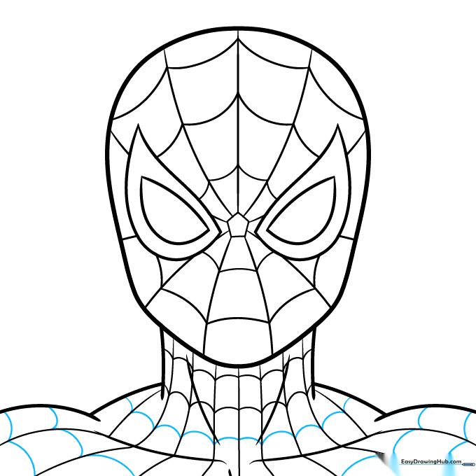 Final ink outline of Spider-Man with blacked-out eye areas