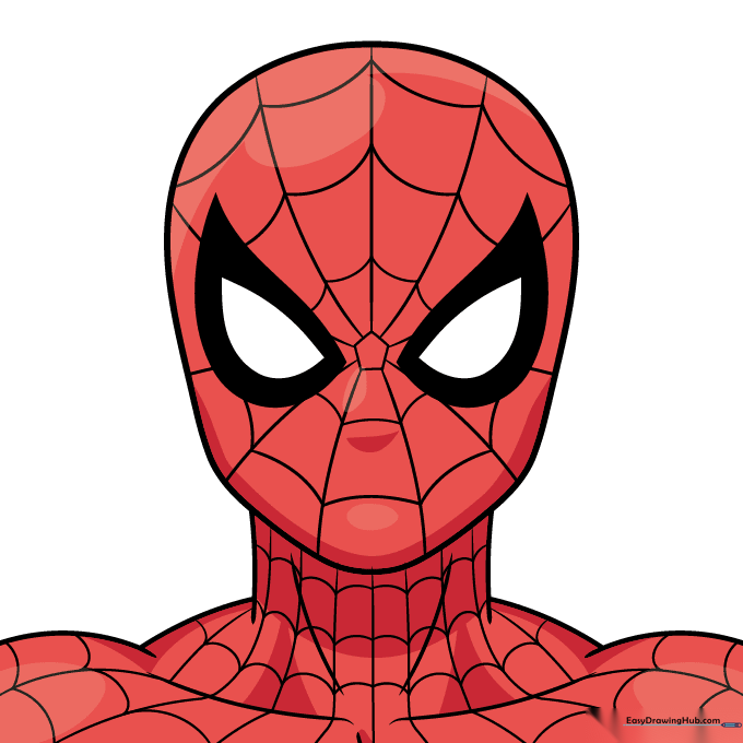 Finished, colored drawing of Spider-Man with red suit and white eyes