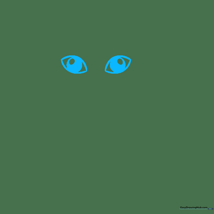 Two almond-shaped cat eyes with circular pupils drawn on white paper.