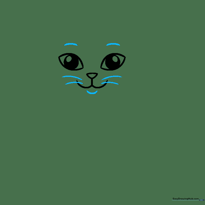 Cat face with three long whiskers on each side and simple eyebrow arches.