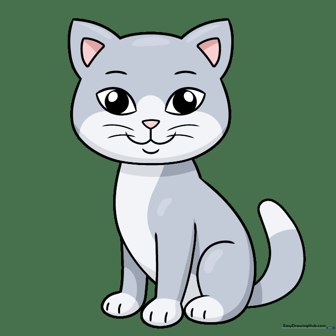A fully colored, cute cartoon cat with gray fur and pink accents.