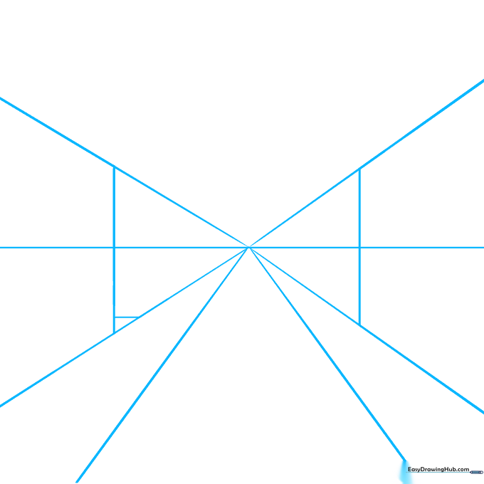 Pencil sketch showing a horizon line, a central vanishing point, and radiating guide lines forming the base of a street scene.