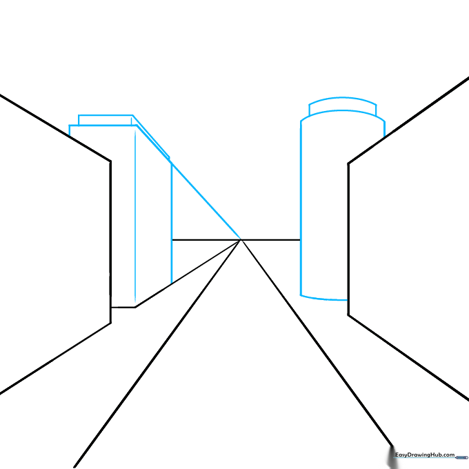 Drawing showing basic rectangular and cylindrical building blocks placed along the perspective lines.