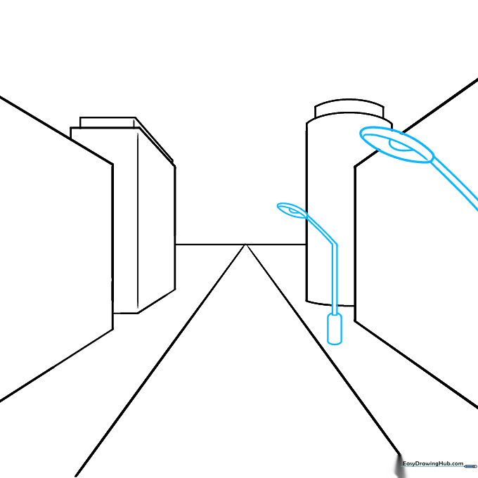 Sketch showing two street lamps of varying sizes to demonstrate depth and perspective.