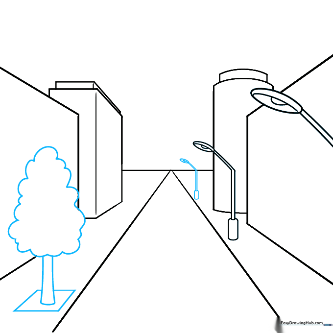 Drawing of a tree with a rectangular trunk base and a rounded, organic crown shape.
