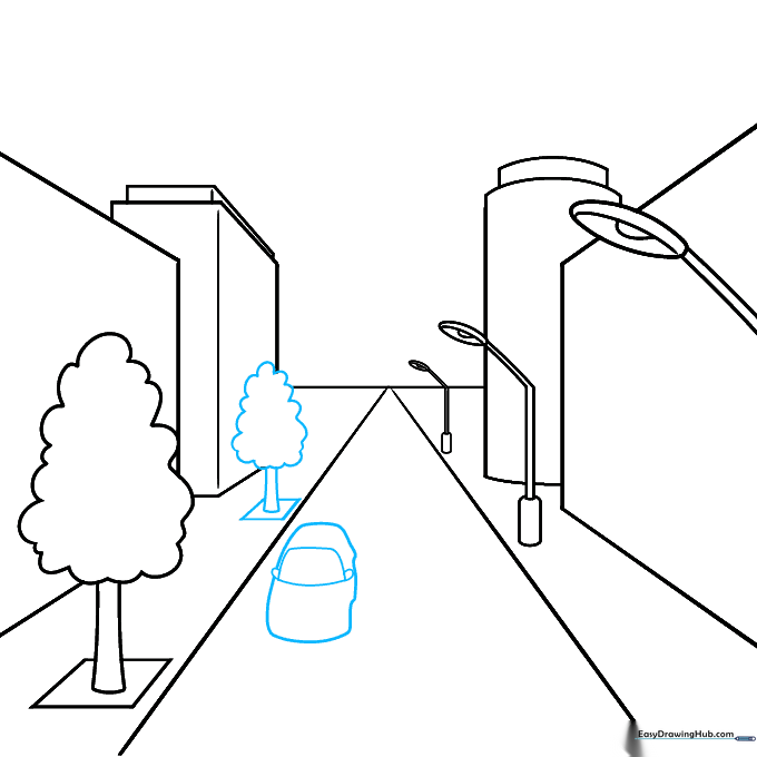 Outline drawing of a car being added to the street scene.