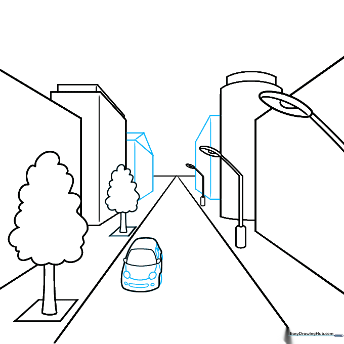 Drawing showing more detailed building shapes added to the background of the street.