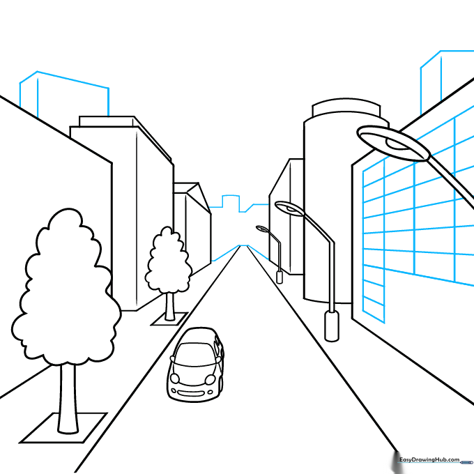 Drawing showing a detailed city skyline with varying building heights.