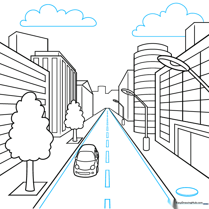 Final line art of the street scene including road markings, manhole cover, and clouds.