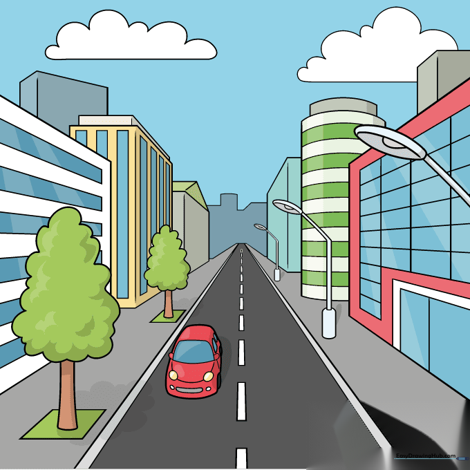 Fully colored, vibrant street scene in one-point perspective.