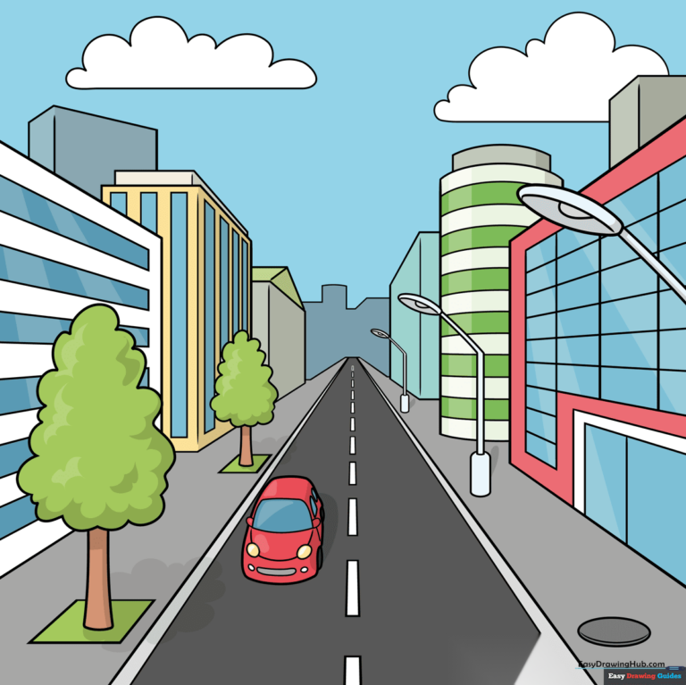 Colorful, finished drawing of a city street demonstrating one-point perspective techniques.