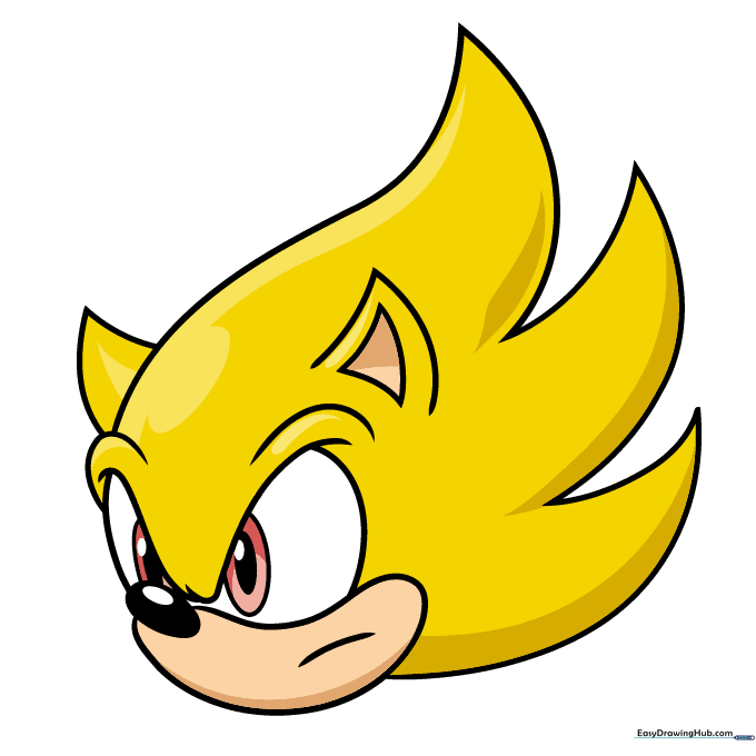 The finished, colored Super Sonic face drawing.
