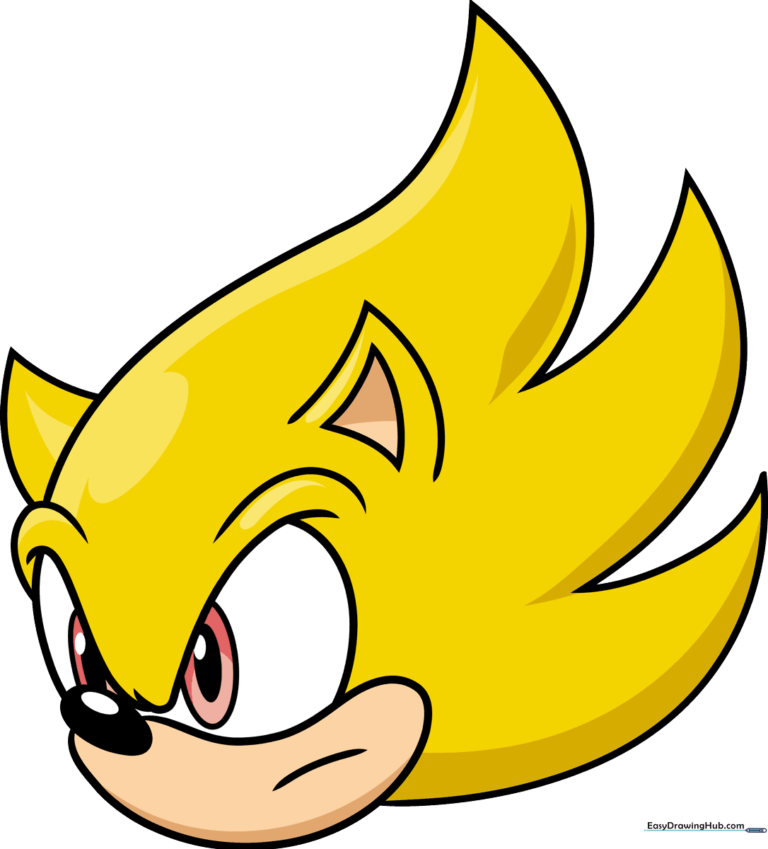 A vibrant, finished drawing of Super Sonic's face, showcasing his yellow fur and red eyes.