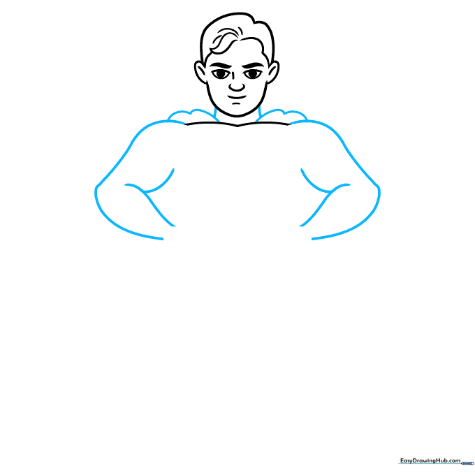 Sketching Superman's arms and the top of his cape