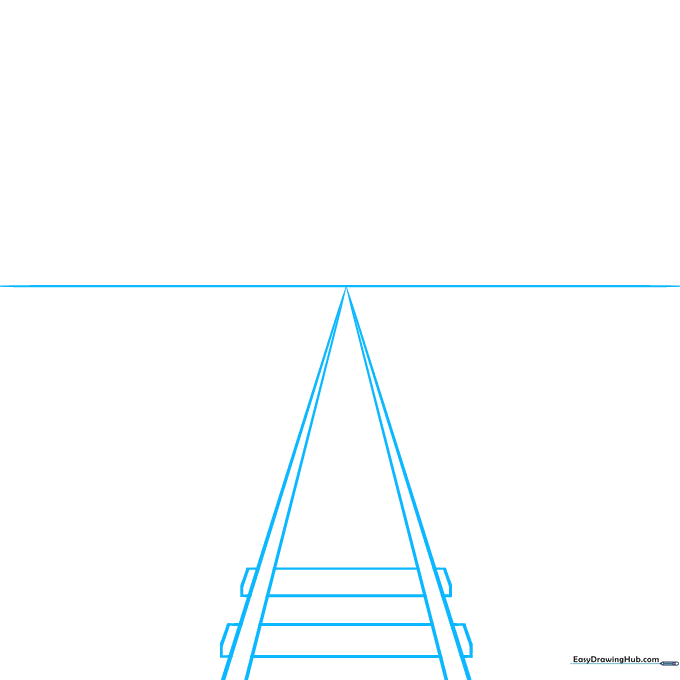 A horizon line with a central vanishing point and four diagonal lines forming the base of train tracks.