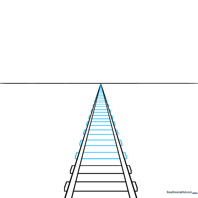Drawing small rectangular wooden crossties between the diagonal rail lines.