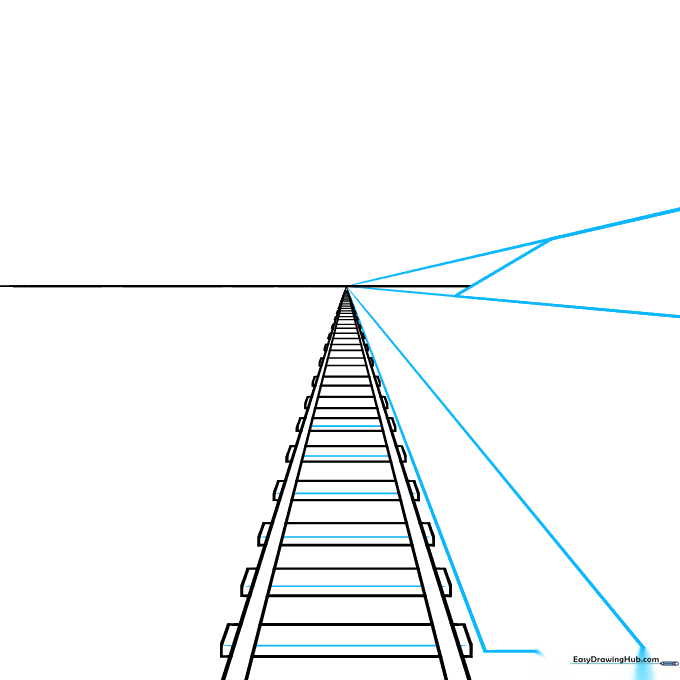 Adding depth to the crossties with horizontal lines and extending the track with more diagonal lines.
