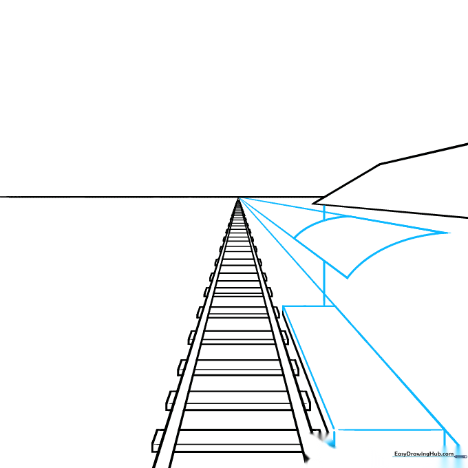 Sketching a rectangular prism to represent a train station platform next to the tracks.