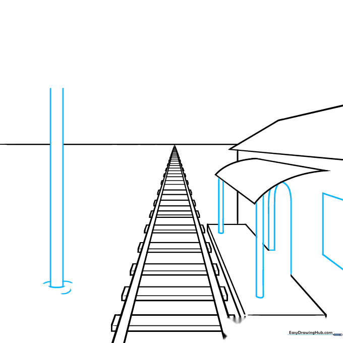 Adding architectural details like doors and windows to the station and starting a utility pole.