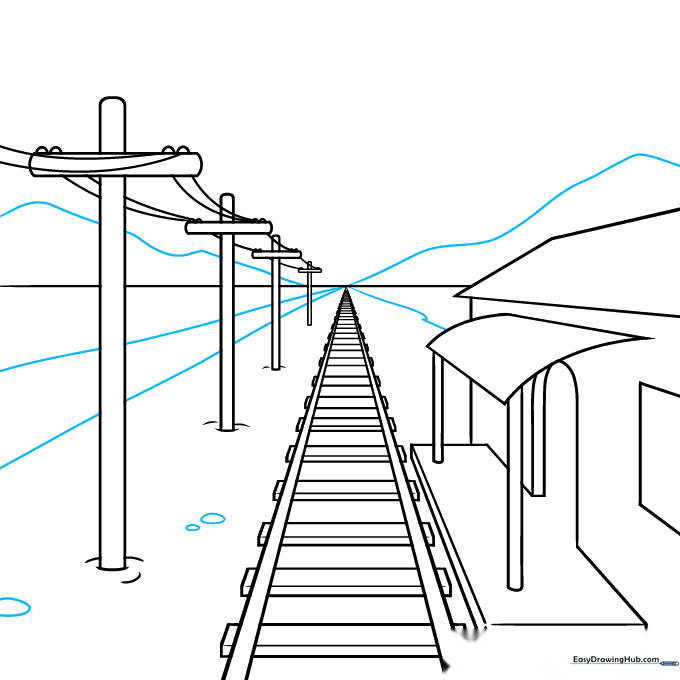 Adding mountains, a road, and rocks to the background of the drawing.